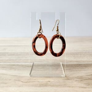Elegant Brown Tortoise Acrylic Oval Hoop Dangle Earrings Bronze Fish Hook Back